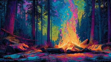 Fototapeta premium A vibrant campfire burning in a colorful forest at night