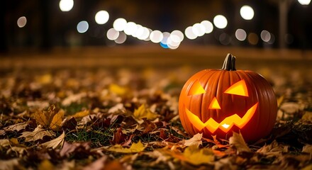 Glowing Jack-o'-lantern on Autumn Leaves at Night with Bokeh City Lights