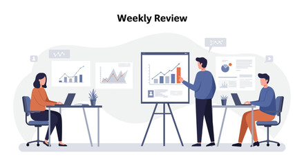 business weekly review team presenting charts and graphs discussing data insights for strategic decision-making in a modern office space.