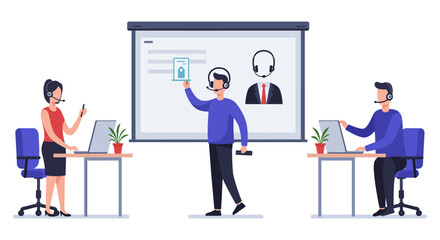 Fototapeta premium Customer service team training online presentation helping clients providing support and improving service quality for business success.