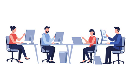 Office workers collaborating on computers at desks in a modern office teamwork concept illustrating business solutions and innovative technology workplace.