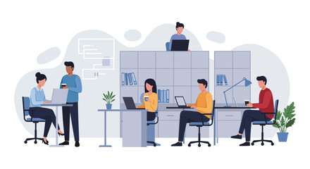 Team working in open office colleagues collaborating on laptops sharing ideas in a modern workspace perfect for illustrating teamwork  collaboration.
