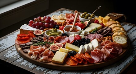 Charcuterie board a large charcuterie board filled with various meats, cheeses, fruits, olives, and honey, artfully arranged on a rustic wooden platter