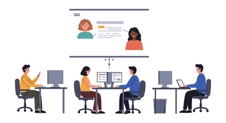 virtual meeting in office colleagues collaborating online discussing business strategy in modern workspace enhancing teamwork and communication