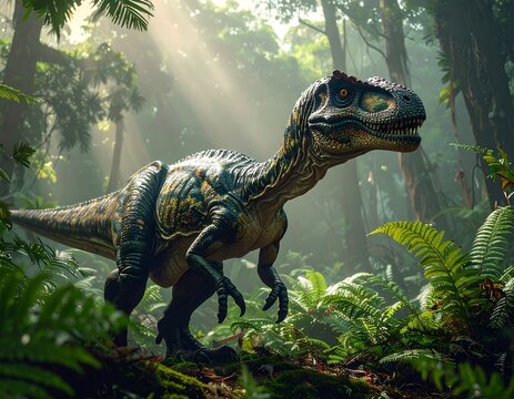 Dinosaur in a lush prehistoric forest
