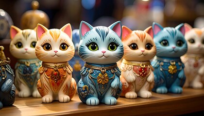 Adorable ornate feline figurines in vibrant colors