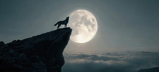 Wolf Silhouette Howling at Full Moon