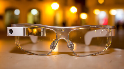 Smart glasses with transparent lenses and integrated camera module resting on a surface in a warmly lit environment