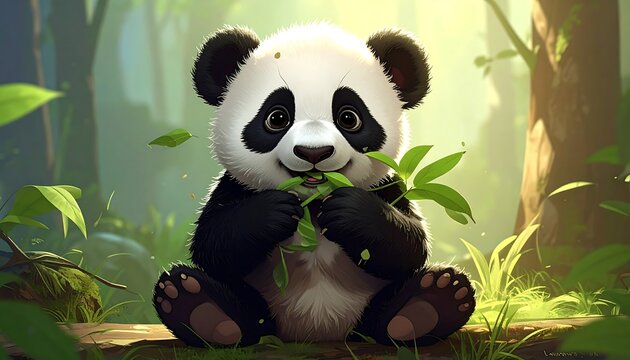 Adorable panda cub happily munching leaves in a sunlit forest
