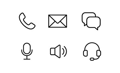 Minimalist communication icons set: phone, mail, chat, mic, sound, headset