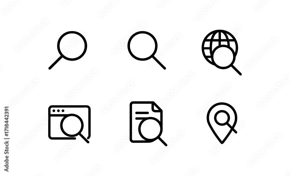 Wall mural magnifying glass icons set: simple line style for web and app interfaces