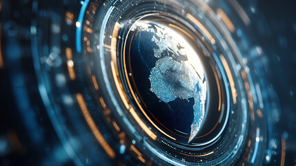 Digital globe surrounded by futuristic interface elements and glowing rings