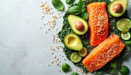 Fresh salmon fillets, avocado slices arranged in flat lay composition. Culinary inspiration for healthy eating with organic ingredients. Delicious, flavorful, juicy, aromatic seafood, fruit for