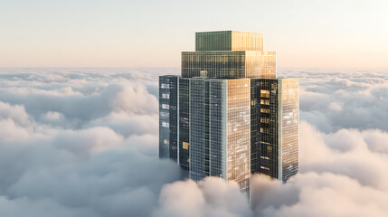 Modern skyscraper rising above a sea of clouds at sunrise