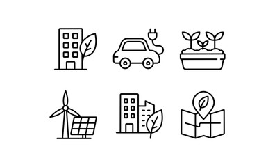 Fototapeta premium Eco-friendly icons: renewable energy, electric cars, urban greenery and sustainable living in line art