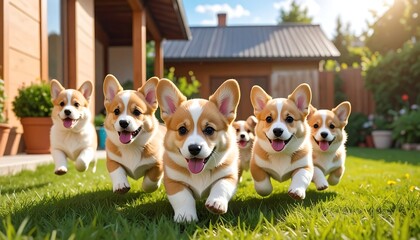 Adorable puppies running in a garden