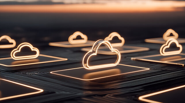 Digital cloud icons illuminated on a futuristic grid surface at sunset
