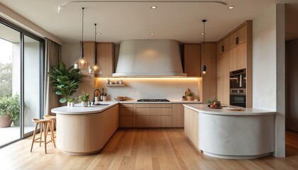 Coastal modern kitchen features curved oak island, plaster range hood, large window. Warm timber flooring, sleek cabinetry create bright, airy, inviting atmosphere. Minimalist design prioritizes