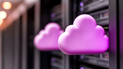 Pink cloud icons floating in front of server racks in a data center
