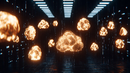 Digital cloud formations glowing in a futuristic server room with data streams