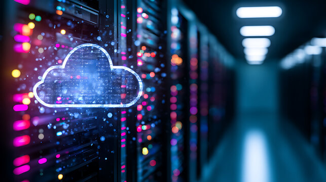 Digital cloud icon overlaying server racks in a data center with glowing lights and network connections