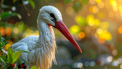 Majestic white bird with long red beak, serene in golden sunlight