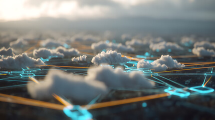 Digital network connections overlaying clouds in a futuristic sky, symbolizing cloud computing and data connectivity