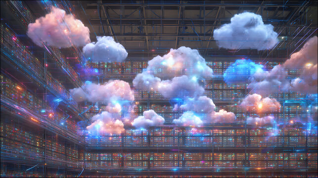 Digital clouds floating above illuminated server racks in a futuristic data center