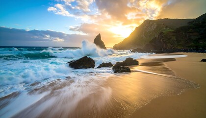 Dramatic sunset over ocean waves crashing on sandy beach