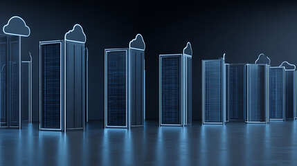 Digital cityscape with illuminated skyscrapers and cloud icons, representing urban technology and data infrastructure