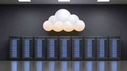Server room with illuminated cloud symbol above rows of data storage units