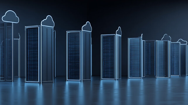 Digital cityscape with illuminated skyscrapers and cloud icons, representing urban technology and data infrastructure
