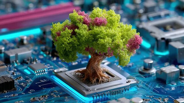 Tech Meets Nature: A vibrant fusion of technology and nature, showcasing a tiny tree blossoming from a computer chip. Representing sustainable computing