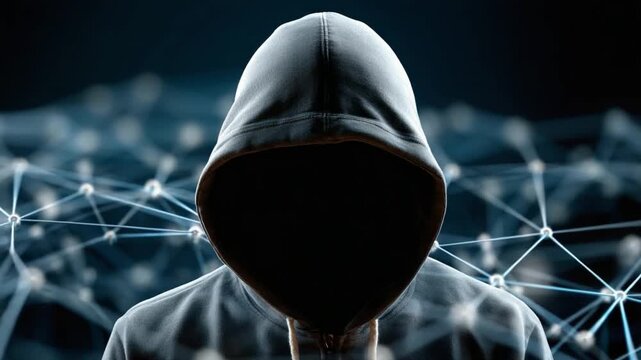 Anonymous Hooded Figure in Digital Space: A mysterious figure clad in a hooded sweatshirt, their identity obscured, emerges from the abstract realm of interconnected digital networks.