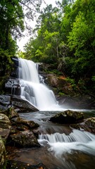 Obraz premium Waterfall cascading down rocky terrain in lush forest