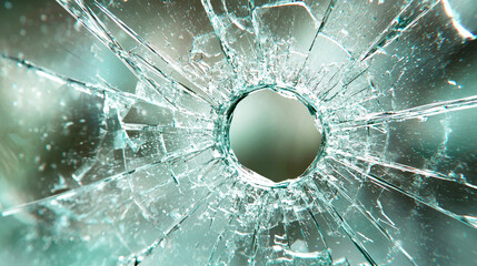 中心に穴が開いたガラスの弾痕クラック
