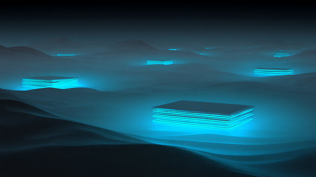 Glowing blue rectangular structures floating on a dark, undulating landscape