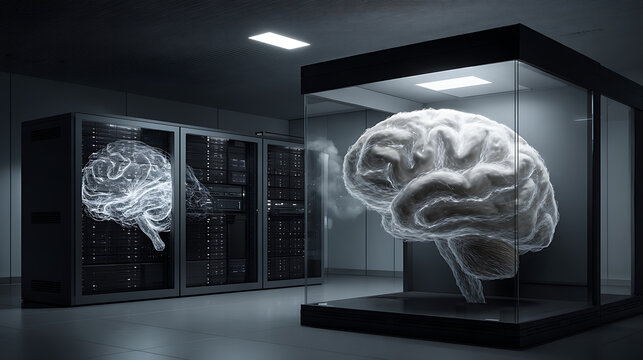 A human brain displayed in a glass case alongside server racks with a digital brain projection in a high-tech laboratory setting