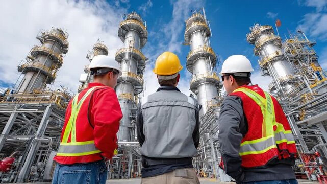 Industrial Harmony: A dedicated team of engineers collaborates, standing before an industrial plant, under a backdrop of a bright, blue sky, teamwork and dedication