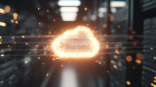 Glowing cloud icon with digital data streams in a server room environment
