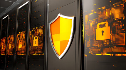 Server racks with digital security symbols and glowing shield emblem in a data center
