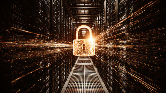Digital lock glowing in a server room corridor with data streams and binary code - Powered by Adobe