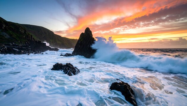 Dramatic sunset over rocky coast with crashing waves