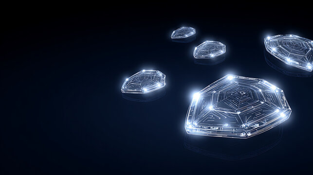 Floating geometric structures with glowing edges in a dark space