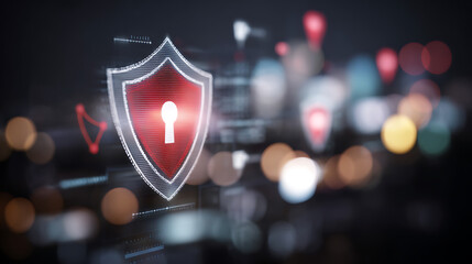Digital shield with lock symbol over blurred cityscape background, representing cybersecurity and data protection.