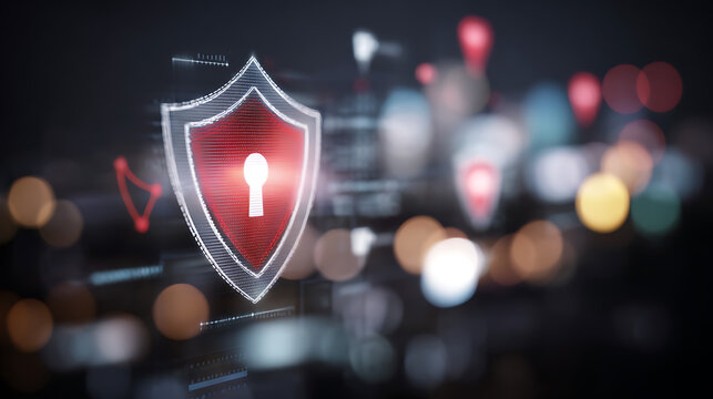 Digital shield with lock symbol over blurred cityscape background, representing cybersecurity and data protection.