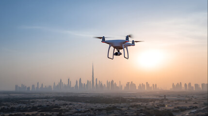 Drone flying over a city skyline at sunrise with modern skyscrapers in the background