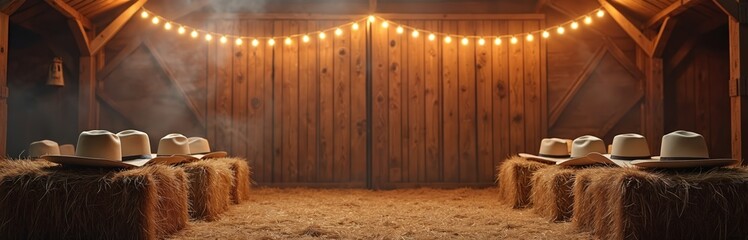 Rustic barn interior setup for country event with hay bales, cowboy hats, and string lights. Wooden doors form backdrop for this western-themed scene, perfect for celebrations, parties, or concerts.