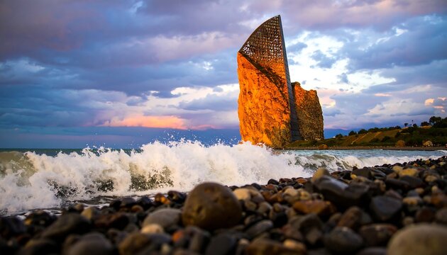 Dramatic sunset over rocky shore