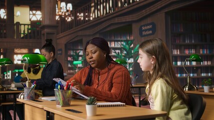 Black tutor mentoring schoolgirl in a school library study desk, boosting her understanding of a subject through personalized guidance. Professor hosts private lessons with pupil. Camera A.
